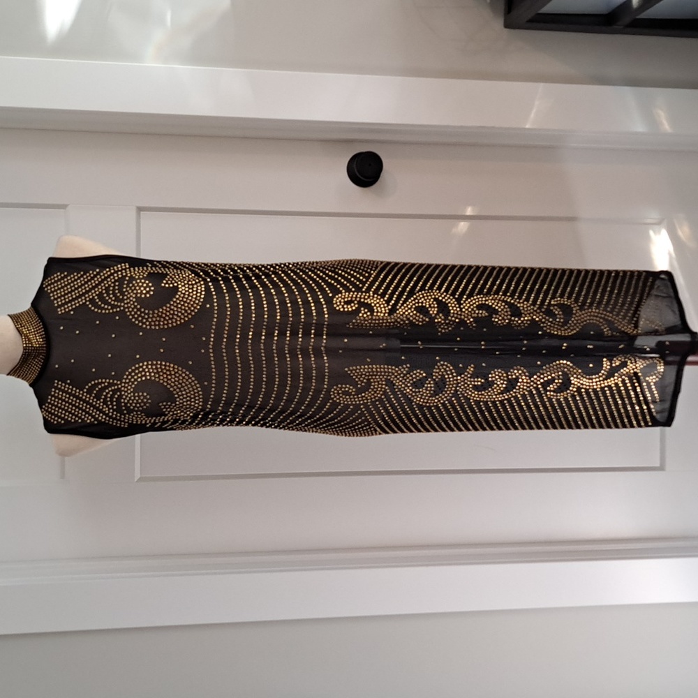 NEW Sheer Sleeveless Long Beaded Dress (Black/Gold)